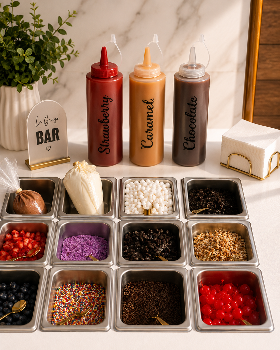 Le Graze Bar cake bar with sauces, frostings and nine topping choices
